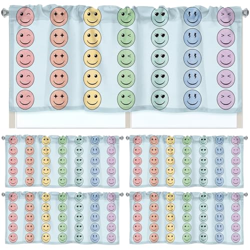 Hahafelt 4 Pcs Classroom Curtains Pastel Smile Face Window Valances Curtain 54" W x 18" L Simple Rod Pocket Back to School Window Treatment for Classroom Living Room Bedroom Kitchen - color: Pastel, style: Smile Face