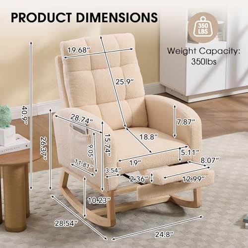 Rocking Chair Nursing, Rocker Chair with Footrest (Apricot) | Teddy Boucle Upholstered Accent Reading Chair with High Back & Side Pocket for Living Room Bedroom Nursery Office - color: Apricot