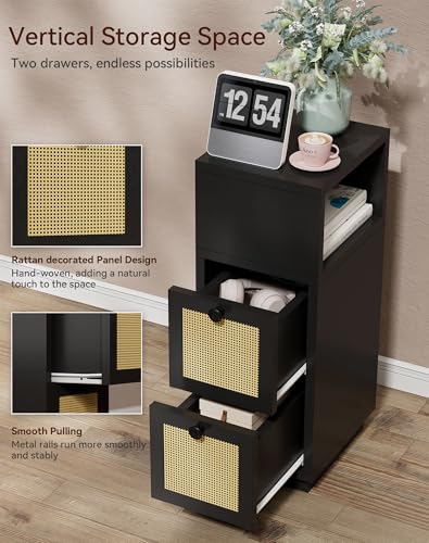 YMYNY Rattan Nightstands Set of 2, Boho Bedside Table with Open Shelf, 2 Drawers, 9.45" x 11.42" x 25.59", Narrow Side Table, Bedside Cabinet for Bedroom and Small Spaces, Black UHST017B-2 - color: Black