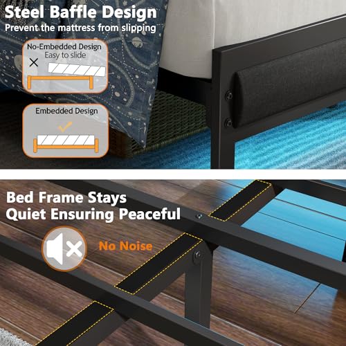 Twin Size Bed Frame with Storage Shelf and Upholstered Headboard | Metal Platform Bed with LED Light, Charging Station and Heavy Duty Slats, No Box Spring Needed, Noise Free & Easy Assembly - size: Twin, style: Bed Frame
