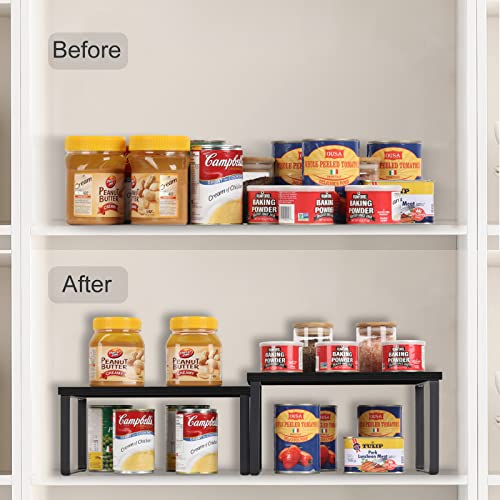 CADUKE Set of 4 Kitchen Counter Shelves, Cabinet Organizer, Black | Wood Countertop Shelves, Stackable Shelf Organizer, Expandable Cabinet Shelf, For Pantry, Industrial - color: Black