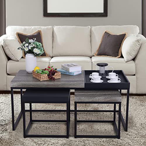 MAISON ARTS Nesting Coffee Table Set of 3, Wood-Like and Black | Rectangle Center Table, Morden Living Room Coffee Table and End Table Sets for Home Indoor Use - color: Wood-like&black