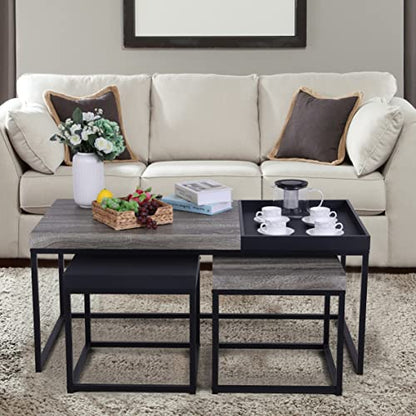 MAISON ARTS Nesting Coffee Table Set of 3, Wood-Like and Black | Rectangle Center Table, Morden Living Room Coffee Table and End Table Sets for Home Indoor Use - color: Wood-like&black
