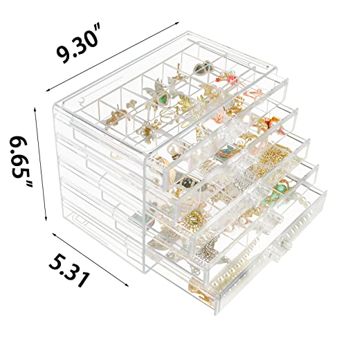 Weiai Clear Acrylic Jewelry Organizer Box 90 Adjustable Grids for Earrings Rings - size: 5 Drawers