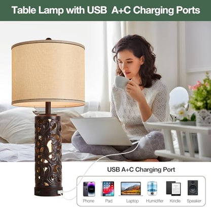 AIDENOEY Set of 2 Table Lamps with Night Light, 28" Farmhouse Table Lamp with USB A+C Ports,Brown Ceramic Bedside Lamp with Fabric Shade for Living Room,Bedroom,Home,Office(2 Bulbs Included) - color: Brown-1