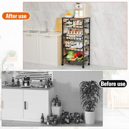 Storico 5-Tier Rolling Utility Cart Kitchen Storage Cart | Large Capacity, Sturdy Wheels, Wooden Tabletop, Perfect for Kitchen, Bathroom, Laundry room