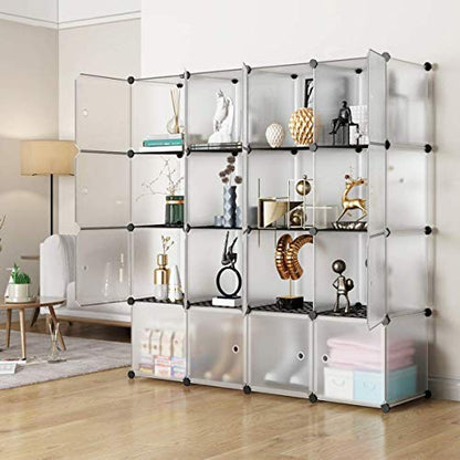 Cube Storage Organizer,16-Cubes Shelf Unit with Door and Metal Mesh. Large Capacity Storage Books,Toy and Clothes Organizers Cabinet. Ideal for Home, Bedroom,Office, Bookroom,White(14x14inch)