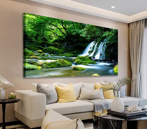 Waterfall Canvas Wall Art Living Room Decoration Large Nature Picture Artwork Modern Wall Art Landscape Green Forest for Kitchen Office Wall Decor Home Decorations Framed Ready to Hang 20" x 40" - color: Green Forest Waterfall Stream, size: 40"L x 20"W