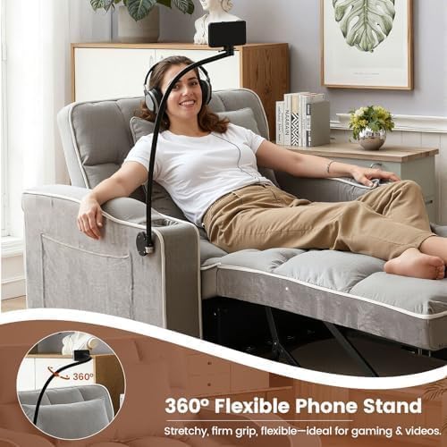 Sleeper Chair with USB Port, 3 In1 Pull Out Sofa Bed, Gray | Adjustable Backrest,Soft Cushioning,Handy Side Pocket,Cup Holders,Phone Holder - color: D-light Gray-kg