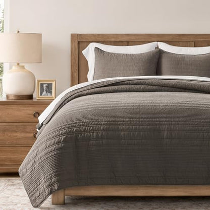 EVERGRACEHOME 100% Cotton Modern Lines Quilt Set Queen Size, Mushroom Brown | Pre-Washed Soft Cotton, Striped Coverlet Bedspread, 3 Piece Lightweight Bedding Set for All Season, with 2 Pillow Shams - color: Mushroom Brown, size: Full/Queen (92" X 92")