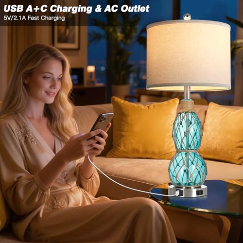 Rinweey 26" Coastal Glass Table Bedside Lamps Set of 2, 3-Way Dimmable Touch Lamps with USB Ports and AC Outlet, Nautical Nightstand Lamps for Bedroom Living Room,Teal - color: Teal