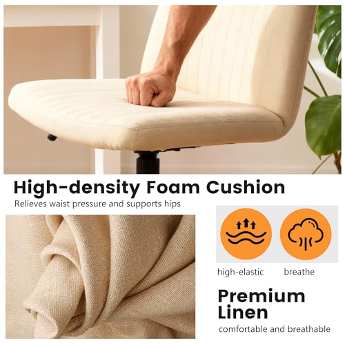 FDW Criss Cross Chair with Wheels Cross Legged Office Desk Modern Swivel Height Adjustable Wide Seat Computer Task Vanity Chair Comfy Fabric Armless Seating for Home Office - color: Beige, style: With Wheels