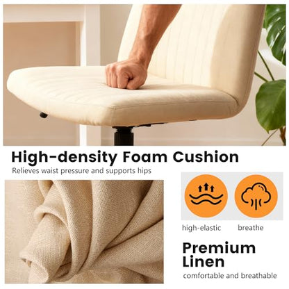 FDW Criss Cross Chair with Wheels Cross Legged Office Desk Modern Swivel Height Adjustable Wide Seat Computer Task Vanity Chair Comfy Fabric Armless Seating for Home Office - color: Beige, style: With Wheels