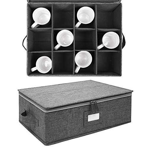 popoly Mug Storage Box with dividers, China Coffee Cup Storage Containers | Coffee Mug Storage with Rivet Reinforced Handles, Holds 12 Coffee Mugs and Tea Cups, Structured Top and Stackable (Grey) - size: 1 Pack