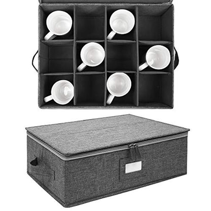 popoly Mug Storage Box with dividers, China Coffee Cup Storage Containers | Coffee Mug Storage with Rivet Reinforced Handles, Holds 12 Coffee Mugs and Tea Cups, Structured Top and Stackable (Grey) - size: 1 Pack