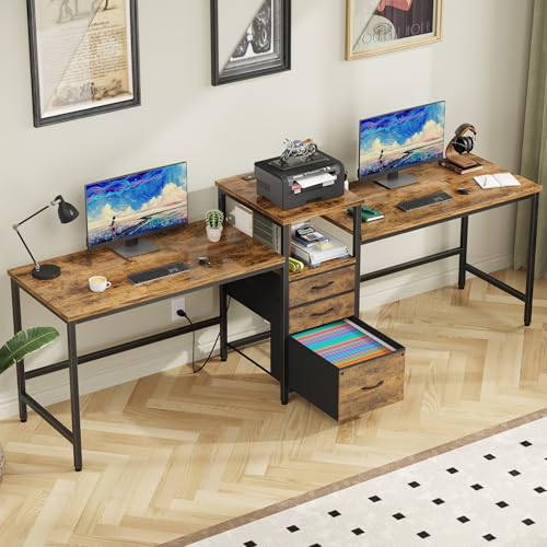 GYIIYUO 93'' Two Person Desk with Charging Station, Long Desk with 3 Drawer | Double Computer Desk with Printer Shelf, 2 Person Writing Study Table Workstation for Home Office, Rustic Brown - color: Rustic Brown