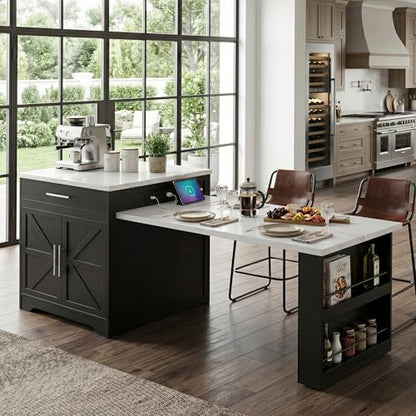Kitchen Island with Extendable Dining Table for 4-6, Farmhouse Rolling Mobile Center Islands with Storage, Wine Glass Rack, Charging Station, 2 Drawers 2 Side Open Shelves, White marble-patterned - color: White&marble