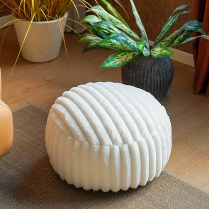 Round Unstuffed Pouf Ottoman Cover Soft Footstool, White | Cover Only, 20x20x8 In, Soft Short Plush, Ribbed Texture, Modern Style, Living Room, Bedroom, Reading Nook - color: White