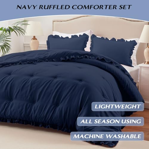 Queen Comforter - Navy Ruffle Comforter for Queen Size Bed, Fluffy Comforter Set for All Seasons, 3 Pieces Shabby Chic Bedding Set(1 Comforter & 2 Pillow Shams) - color: Navy, size: Queen