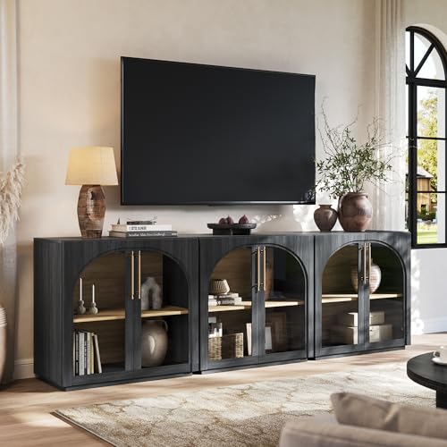 Sideboard Cabinet with Glass Doors, 94.5'' W Display Cabinet | Modular Buffet Storage Cabinet, Adjustable Shelves, Mid-Century Modern, For Kitchen, Living Room, Entryway, Black - color: Black-glass Doors