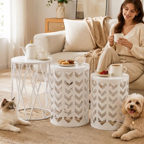 HFHOME Nesting Coffee Tables Set of 3, Industrial Metal Stacking Accent Side Tables Circle Table for Small Space, Living Room, Apartment, Bedroom Indoor - White - color: Classic White
