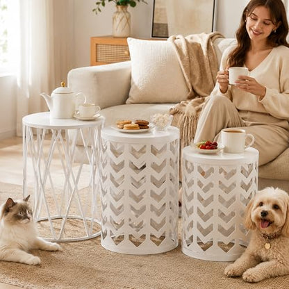 HFHOME Nesting Coffee Tables Set of 3, Industrial Metal Stacking Accent Side Tables Circle Table for Small Space, Living Room, Apartment, Bedroom Indoor - White - color: Classic White