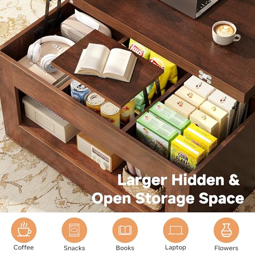UNIQUITE 40" Lift Top Coffee Table, 4 in 1 Multi-Function Lift Coffee Tables with Storage and Hidden Compartment, Convertible Wood Coffee Tables to Dining Table for Living Room, Walnut - color: Walnut