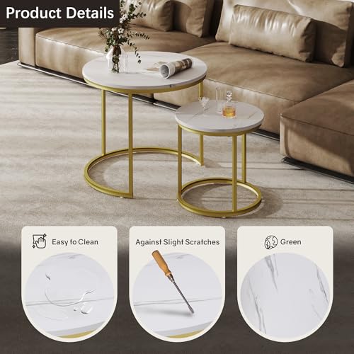 Otterease Nesting Tables Set of 2, Round Coffee Table, Small Nesting Coffee Table with Adjustable Non-Slip Fee, White Marble Top Stack Nesting Tables Set of 2 for Living Room, Bedroom (White) - color: 23.6" Marble White