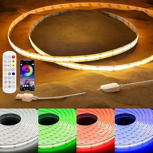 PAUTIX 5V USB RGB COB LED Strip Light 4.92ft/1.5m Color Changing Strip Lights,TV Backlight Multicolor Flexible Under Cabinet Tape Lights with Bluetooth Control for Bedroom,Kitchen,Home DIY Lighting - color: RGB (Red, Green, Blue)