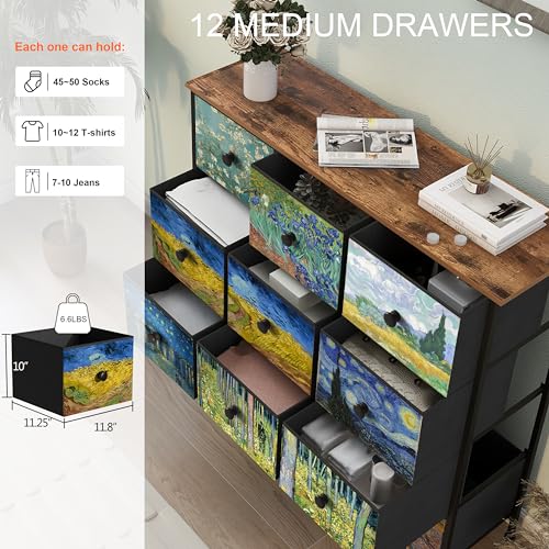 EXOTICA Dresser for Bedroom with 12 Drawers Tall Dresser & Chest of Drawers Fabric Dressers Storage Tower for Living Room Closet Hallway with Wooden Top and Metal Frame - size: 39.1"D x 11.8"W x 39.4"H (12 Drawers)