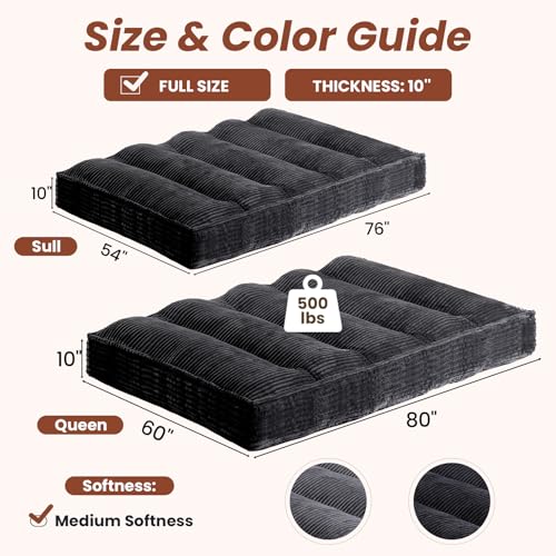 10" Futon Mattress Full Size,Futons Sofa Couch Bed with Straps, Thick Corduroy Floor Mattress for Adults, Roll Up Folding Mattress Shredded Foam Filling, Medium Firm(Frame Not Included) - color: Black, size: Full (10 inches)