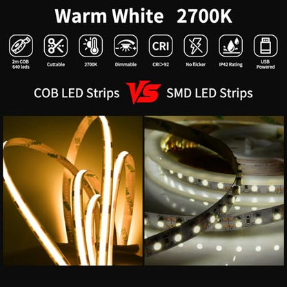 Meliya COB LED Strip Light, 5V USB LED Strip Light, 6.6ft Bright Daylight White Flexible Dimmable Light Strip for Display Cabinet, Living Room, TV Cabinet, Mirror, Kitchen Cabinet, Bedroom