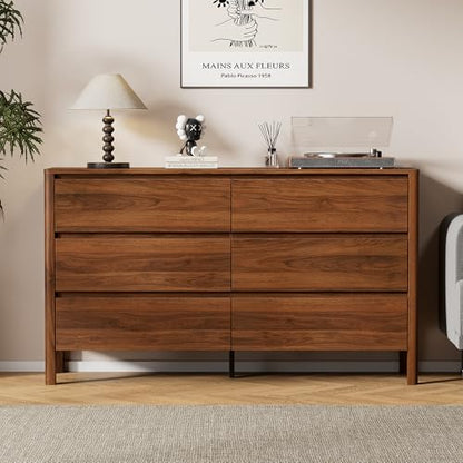 Furniway 55" Mid-Century Modern Dresser for Bedroom, 6 Drawer Wide Chest of Drawers with Wood Legs, Large Storage Bedroom Dresser, Walnut - size: 15.7"D x 55.1"W x 31.5"H (6 Drawers)