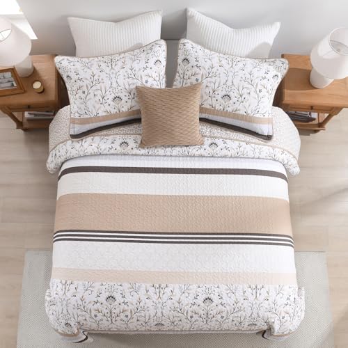 100% Cotton Quilt Set Queen Size - Reversible Botanical Quilted Comforter, Queen Quilt Bedspread, Lightweight Bedding, 3pcs, Brown/Beige - color: Brown/Beige, size: Queen(90"x98")
