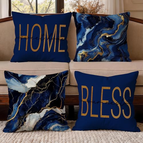 OBSEDE Blue Gold Marble Home Bless Throw Pillow Covers 18x18 in Set of 4 | Faux Linen, Cozy Sofa Couch Decoration, Single-Sided, Invisible Zipper, Family Housewarming Gift, Living Room Cushion Cases - color: Blue Marble With Faith Quotes, size: 18" x 18"