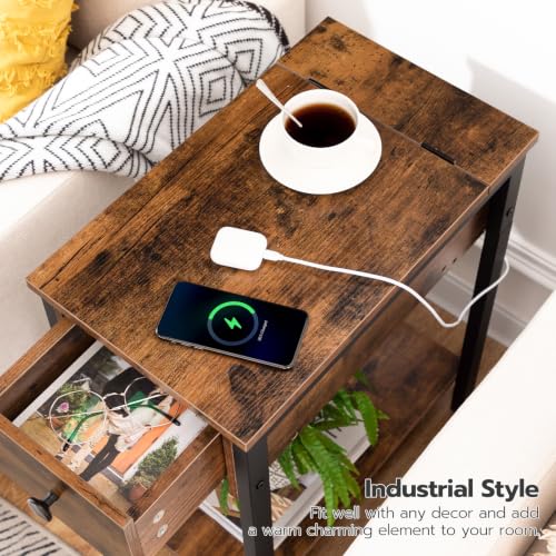 HOOBRO End Table with Charging Station, Narrow Side Table, Small Nightstand, Bedside Tables with Drawer and Storage Shelves, for Small Spaces, Living Room, Bedroom, Rustic Brown and Black BF041BZ01G1 - color: Rustic Brown+black