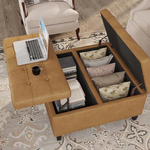 FiveWillowise 31.5 Inch Large Square Ottoman with Storage,Faux Leather | Coffee Table Storage Ottoman Bench with Lift Top Upholstered Footrest Stool Toy Box for Bedroom Living Room,Camel - color: Camle