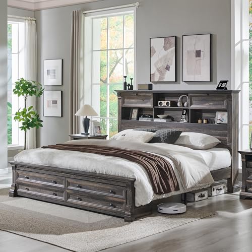 King Size Bed Frame with 54" Tall Headboard with 4 Storage Rack, 2 Drawers | 18" Roman Column Decoration Footboard, Farmhouse Wood Platform Bed Frame, No Box Spring Needed(Dark Rustic Oak) - color: Dark Rustic Oak, size: King(U.S.Standard)