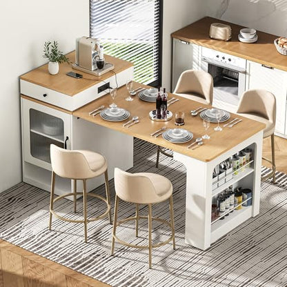 59.5" Kitchen Island with Extendable Dining Table, Kitchen Storage Table with Double-Sided Storage & 2 Drawers, Power Outlet, Side Open Shelves, for Dining Room (White3) - color: White3