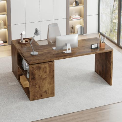 HSH L Shaped Desk with Storage, Home Computer Desk, Rustic Brown, 55 Inch | Reversible Industrial Wood Executive Workstation with Cabinet Shelves, L-Shaped Home Office Table for Study Writing Gaming - color: Rustic Brown