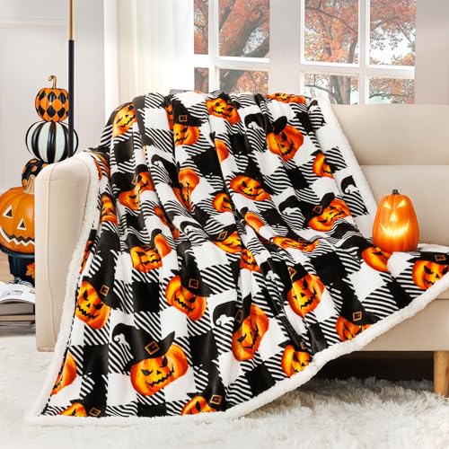 Halloween Blanket Twin Size 60" X 70"，Pumpkin Sherpa Fall Fuzzy Fluffy Soft Cozy Blankets, Fleece Flannel Plush Microfiber Throw for Couch Bed Sofa, Halloween Decor (BlackHalloween) - color: Blackhalloween
