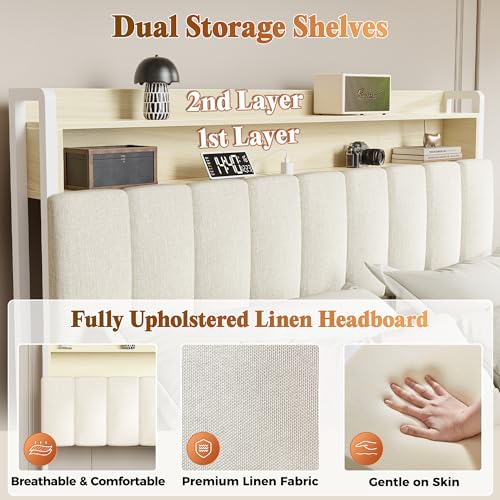 Bed Frame Queen Size with Upholstered Headboard & Charging Station, Queen Bed Frame with 4 Storage Drawers, 2-Tier Open Shelves, No Box Spring Needed, Slient Foam Strip, Easy Assembly, Beige - color: Beige, size: Queen