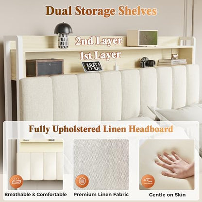 Bed Frame Queen Size with Upholstered Headboard & Charging Station, Queen Bed Frame with 4 Storage Drawers, 2-Tier Open Shelves, No Box Spring Needed, Slient Foam Strip, Easy Assembly, Beige - color: Beige, size: Queen