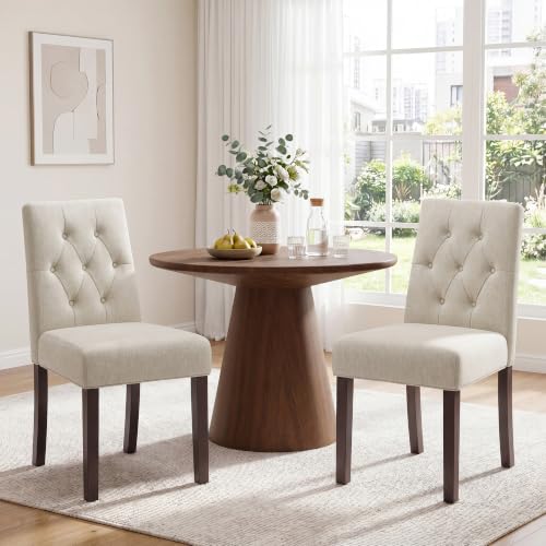 Dining Chairs Set of 2, Parsons Chairs for Small Spaces, Light Beige | Modern Dining Room Chairs with Solid Wooden Legs, Fabric Upholstered Kitchen Chairs for Restaurant & Cafe - color: Tufted Beige, size: Set of 2