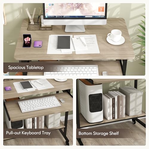 Tangkula Rolling Computer Desk Cart with Keyboard Tray, Mobile Portable Laptop PC Desk with CPU Stand & 3 Hooks for Sofa & Bed, Compact Small Desk on Wheels for Small Spaces (Grey) - color: Grey