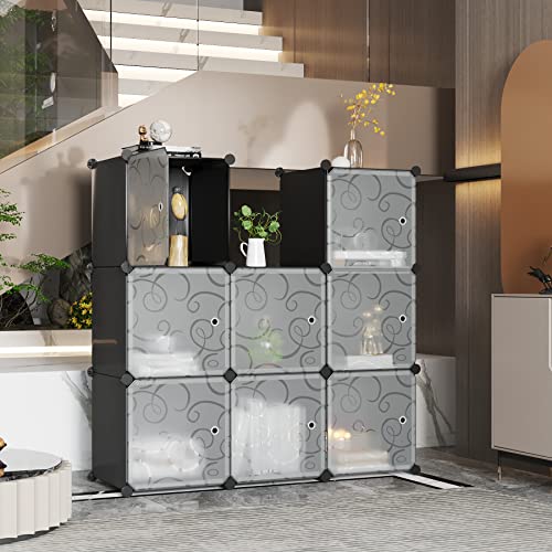 C&AHOME 9-Cube Storage Organizer with Door Cube Shelf Closet Cabinet Black | DIY Plastic Modular Bookshelf, Stackable Clothes Storage Shelving Ideal for Home, Bedroom - size: 9-Cube