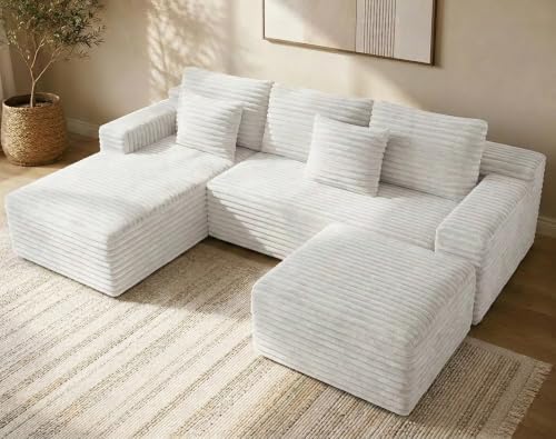 Boneless Couch Modular Sectional Sofa Cloud Couch | Oversized Deep-Seat Wide-Wale Corduroy L-Shaped Sectional Couch for Living Room, Apartment and Family Room - color: White 105'' Right Ottoman