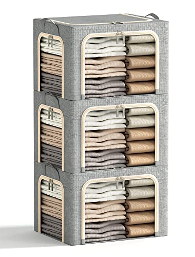 3 Openings Clothes Storage Bins with Metal Frame, Foldable Storage Bin for Clothes, Clothing Storage Bins with Lid, Linen Storage Box With Clear Window＆ Zippers＆ Durable Handles.(3 Pcs,Light Grey,40L) - color: Light Grey, size: Medium-(‎16.5 x 12.6 x 11.8