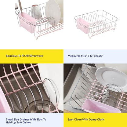 Dish Drying Rack & Cutlery Holder 2 Piece Set - Compact Sink-Fitting Dish Drainer with Rubberized Undercoating, Space-Saving Kitchen Organizer for Plates, Cups, Bowls & Utensils in Sink, Pale Pink - color: Pale Pink
