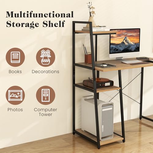 Tangkula Computer Desk with Shelves, Space Saving Home Office Desk with 3-Tier Ladder Shaped Storage Bookshelf, Modern Writing Study Desk with Metal Frame, Compact Computer Workstation (Natural) - color: Natural